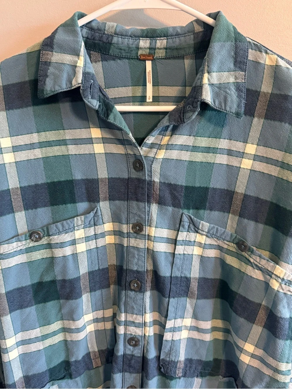 Free People Blue Plaid‎ Frayed Hem Button Front Shirt Small
